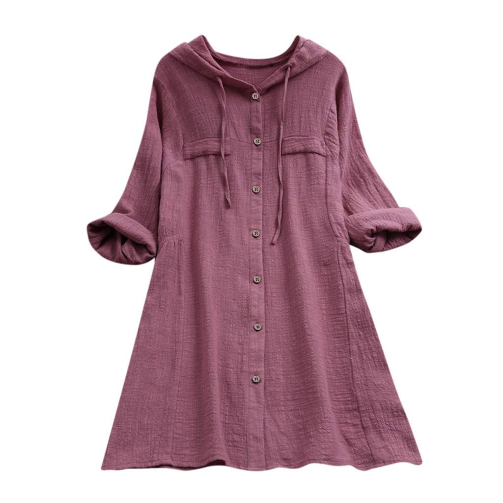 Women's Loose Cotton Hooded Long Sleeve Tee Shirt with Pocket - Casual Button Blouse Tops in Plus Sizes | Perfect for Everyday Wear, Layering & Outdoor Activities