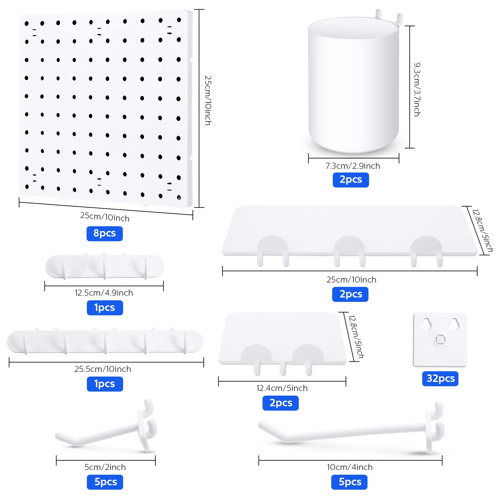 Chunful 58-Piece Pegboard Organizer Kit - Plastic Wall Mount Panel with Storage Boards, Buckets & Hooks - Perfect for Craft Room, Garage, Kitchen & Office Organization (White)