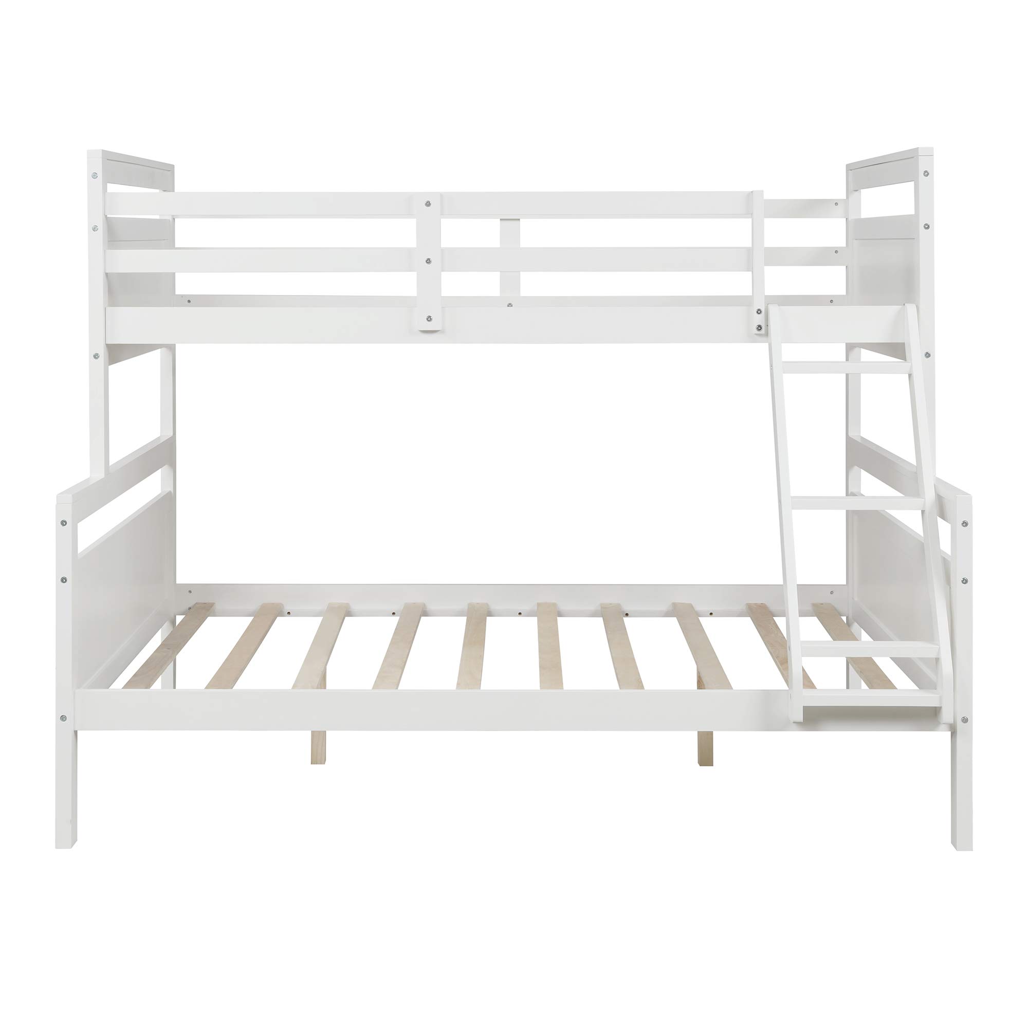 Twin Over Full Bunk Bed with Inclined Ladder & Guardrail - Solid Wood Frame with Sturdy Center Support - Converts to 2 Separate Beds - Ideal for Kids' Bedrooms, Guest Rooms & Small Spaces (White)