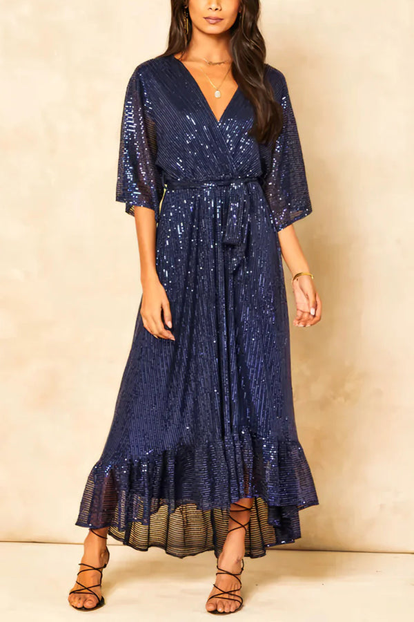 Elegant Solid Color Sequined V-Neck Waist Tie Loose Maxi Dress for Women - Perfect for Evening Parties, Weddings & Special Occasions