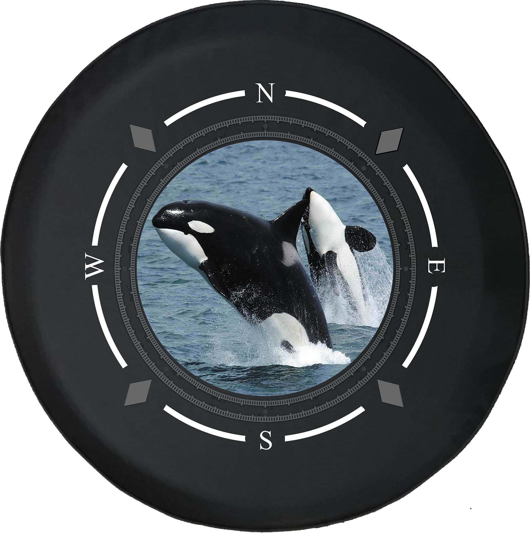 American Unlimited Spare Tire Cover with Compass & Orca Killer Whale Design - Universal Fit for SUV, Trailer, RV & Most Vehicles - Durable Wheel Protection for Off-Road Adventures & Camping Trips