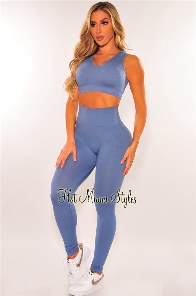 HMS Fit: Seamless High Waist Leggings with Padded Lining - Dusty Blue 2-Piece Workout Set for Yoga, Gym & Running
