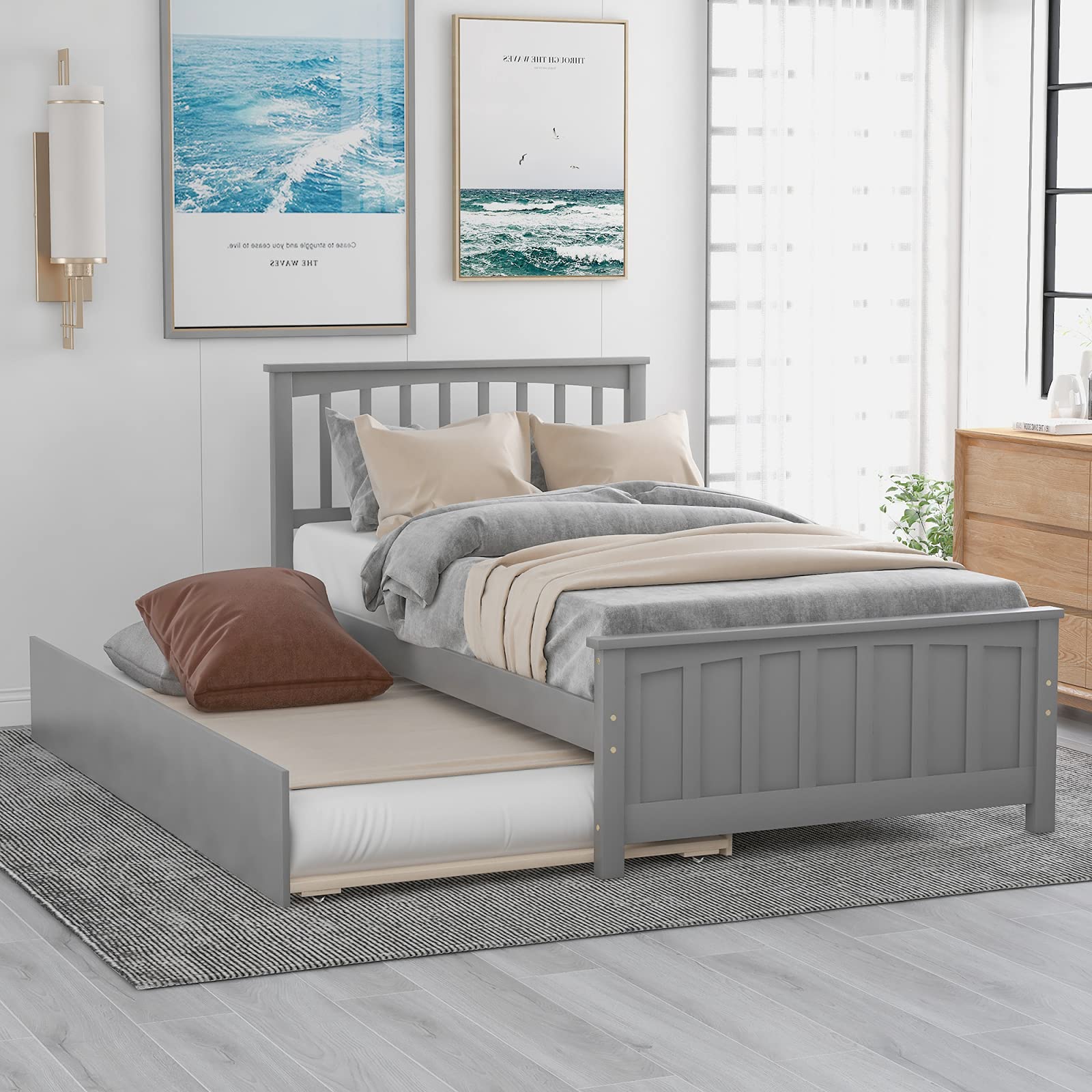 Solid Wood Twin Bed Frame with Trundle & Headboard for Kids & Teens - No Box Spring Needed, Perfect for Small Spaces & Guest Rooms