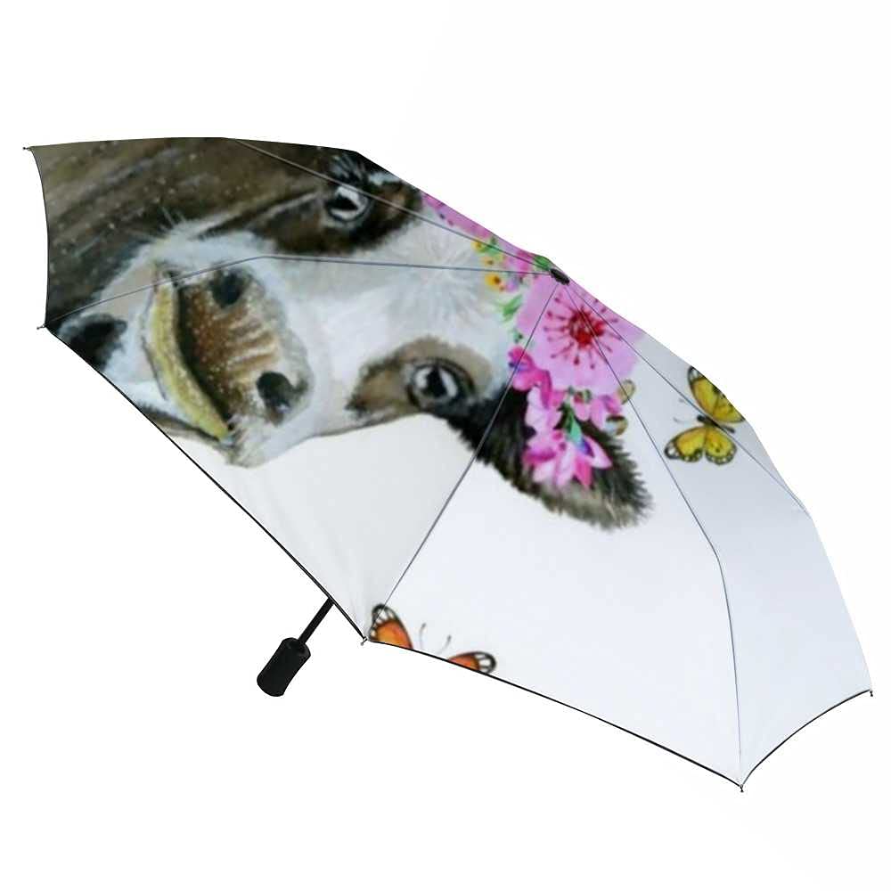 Windproof Compact Travel Umbrella - Automatic Open/Close Watercolor Painted Cow Design - Lightweight Folding Rain & Golf Umbrella for Men & Women - Perfect for Commuting, Travel & Outdoor Activities