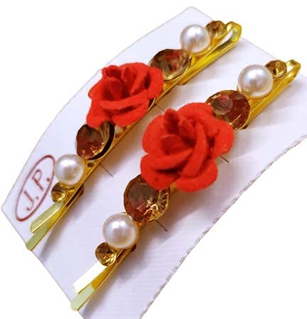 SIYAA 4-Piece Hair Clip Set - Elegant Metal Hair Clips with Red Rose Flower, Golden Stone & Pearl for Women & Girls | Perfect for Weddings, Parties & Daily Styling