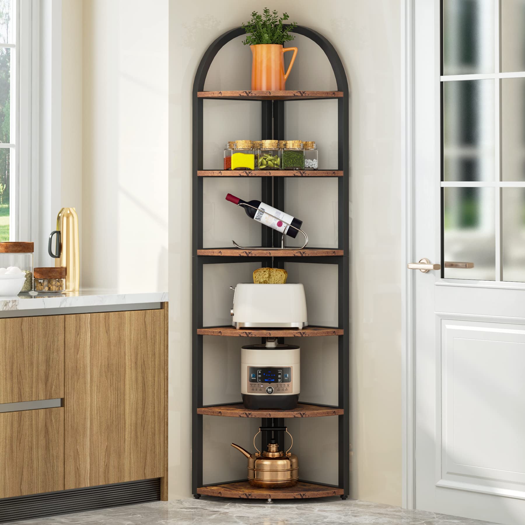 Tribesigns 6-Tier Tall Corner Bookshelf - 71 Inch Rustic Wood Shelf for Small Spaces, Home Office, Living Room & Kitchen - Perfect for Organizing Books, Plants, Decor & Kitchen Supplies