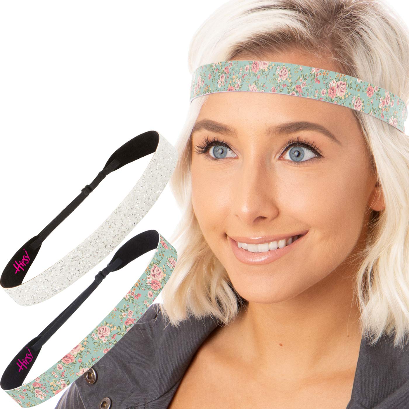 Hipsy Women's Adjustable No Slip Wide Country Flower Headbands - 2 Pack (Wide Mint & White Glitter) for Country Concerts, Outdoor Festivals & Everyday Boho Style
