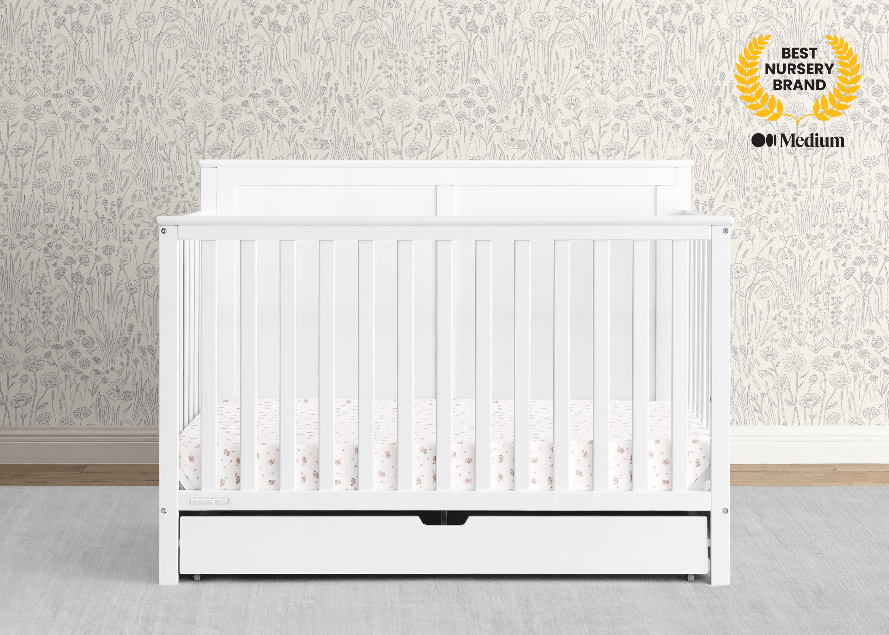 Logan 6-in-1 Convertible Baby Crib with Underdrawer Storage - White Nursery Furniture for Newborn to Toddler Bed | Perfect for Small Spaces & Modern Nurseries