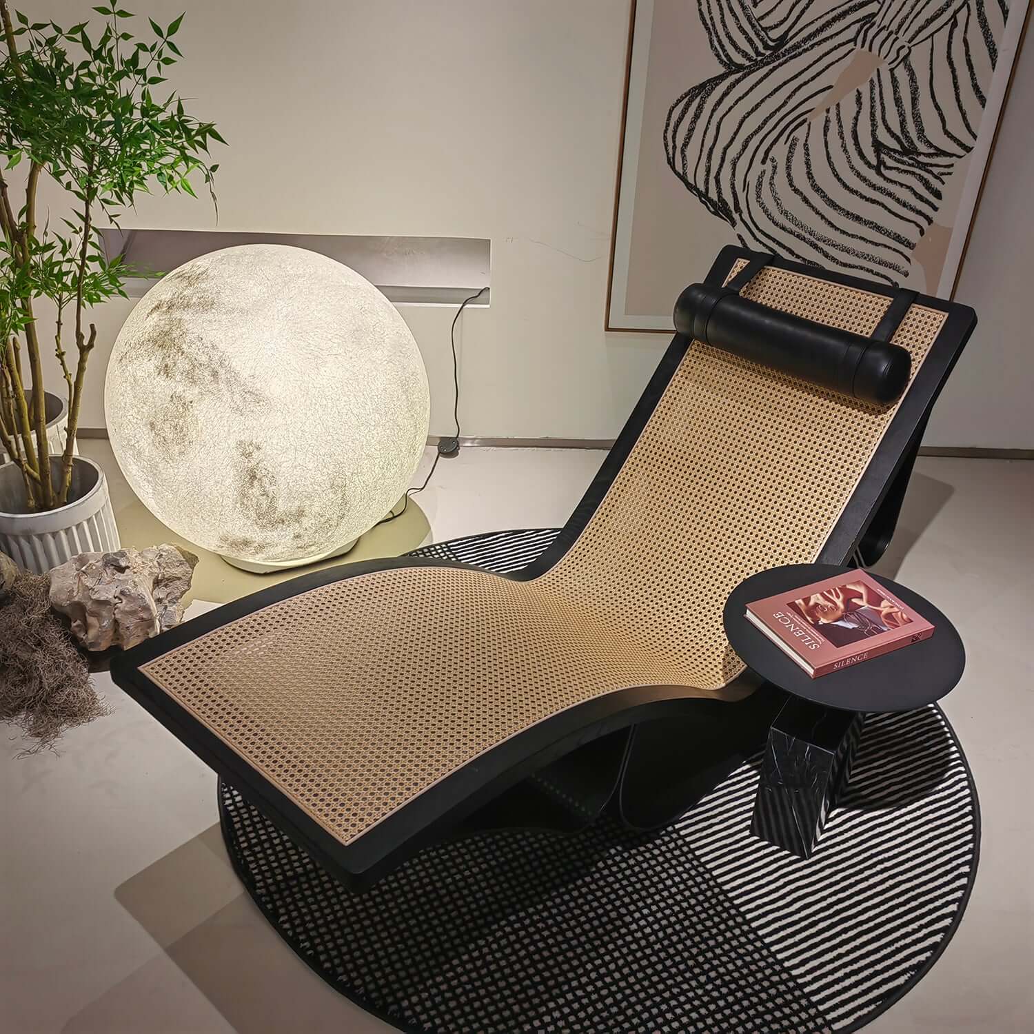 Vintage Cane Wood Chaise Lounge Chair - Black - Perfect for Living Room, Bedroom, or Patio Relaxation
