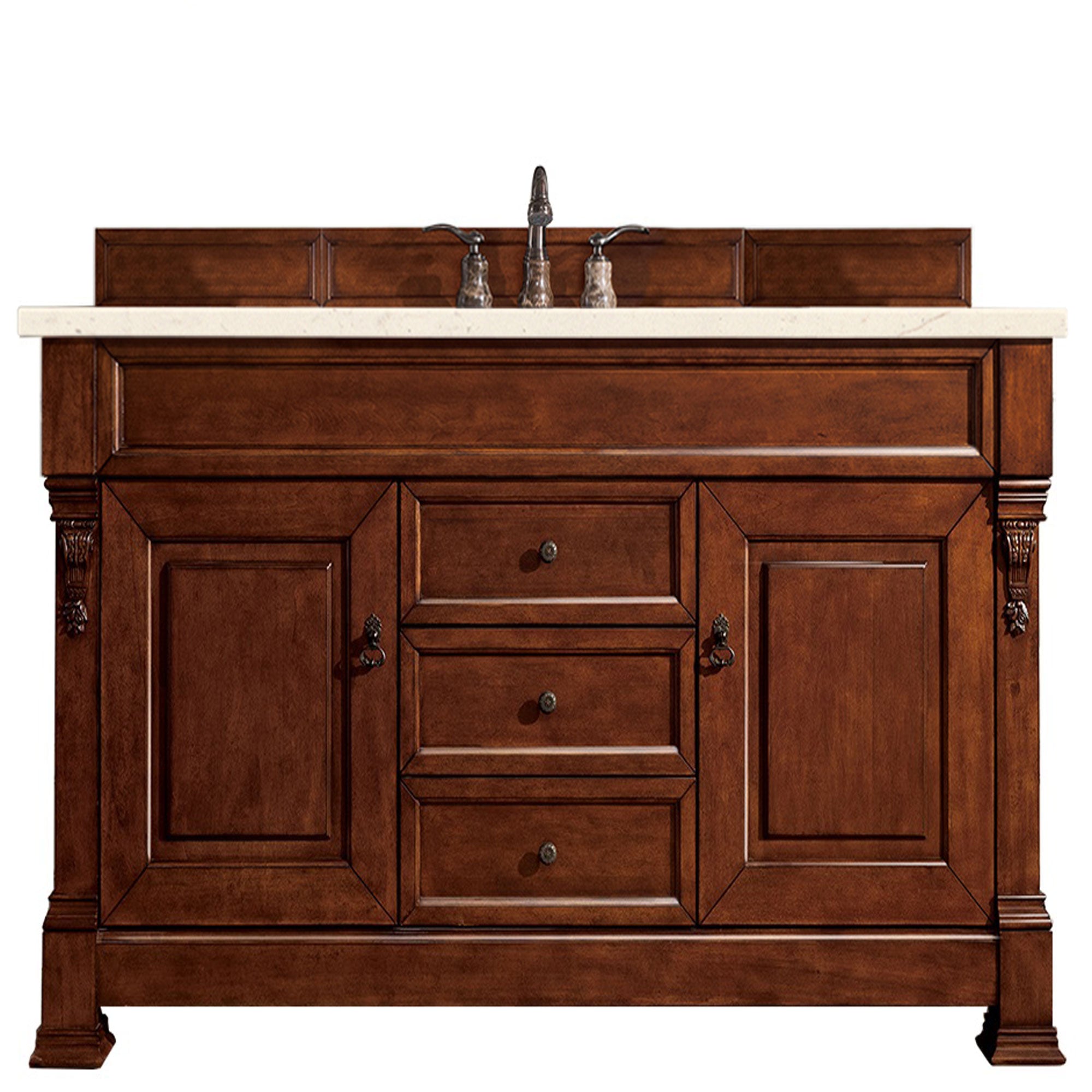 Brookfield 60 Inch Single Bathroom Vanity with Warm Cherry Finish & 3CM Eternal Marfil Quartz Countertop - Perfect for Modern Master Bathrooms and Guest Suites