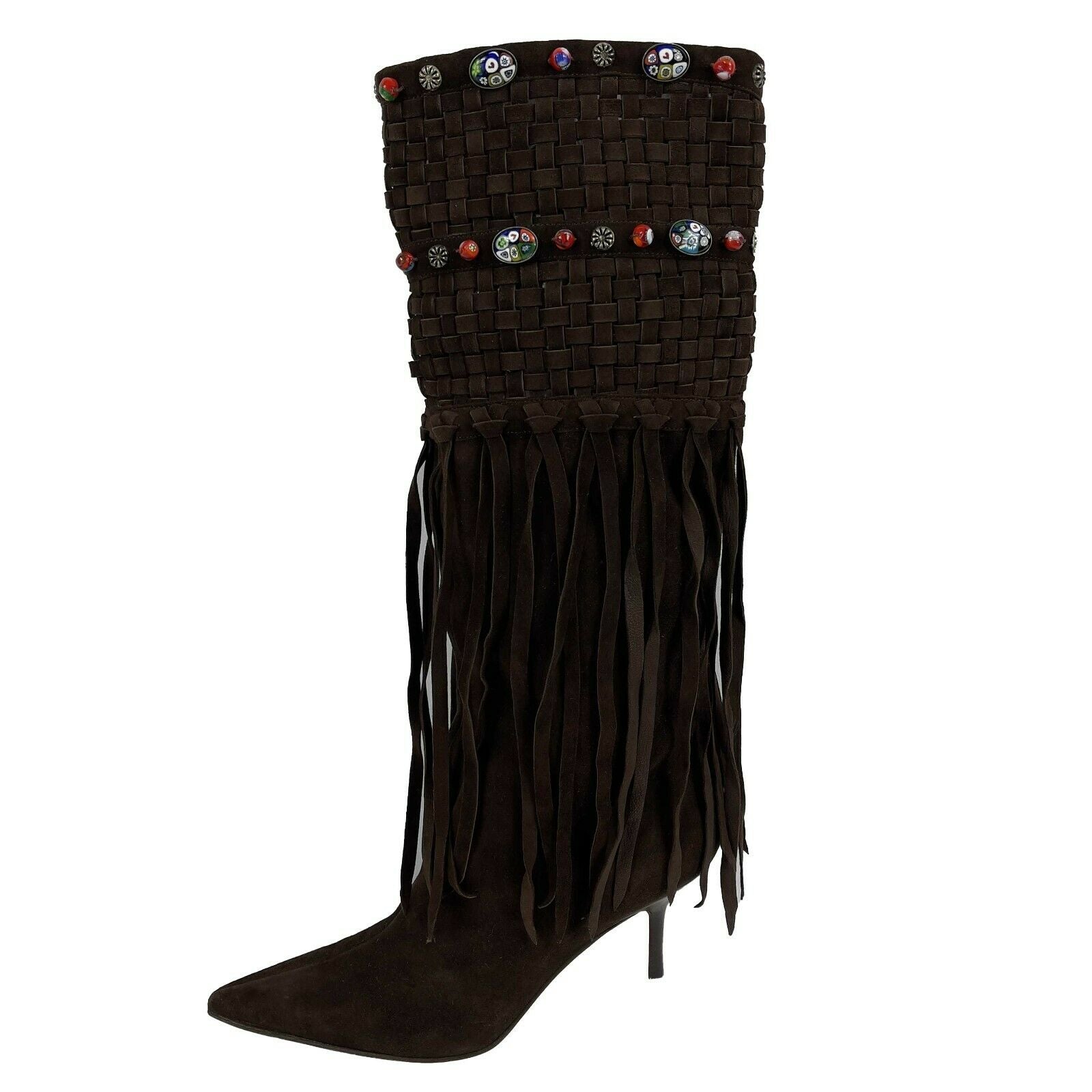 Jimmy Choo Kirra Beaded Fringe Boots in Brown Suede - Women's Size 37 (US 7) for Evening Parties & Special Occasions