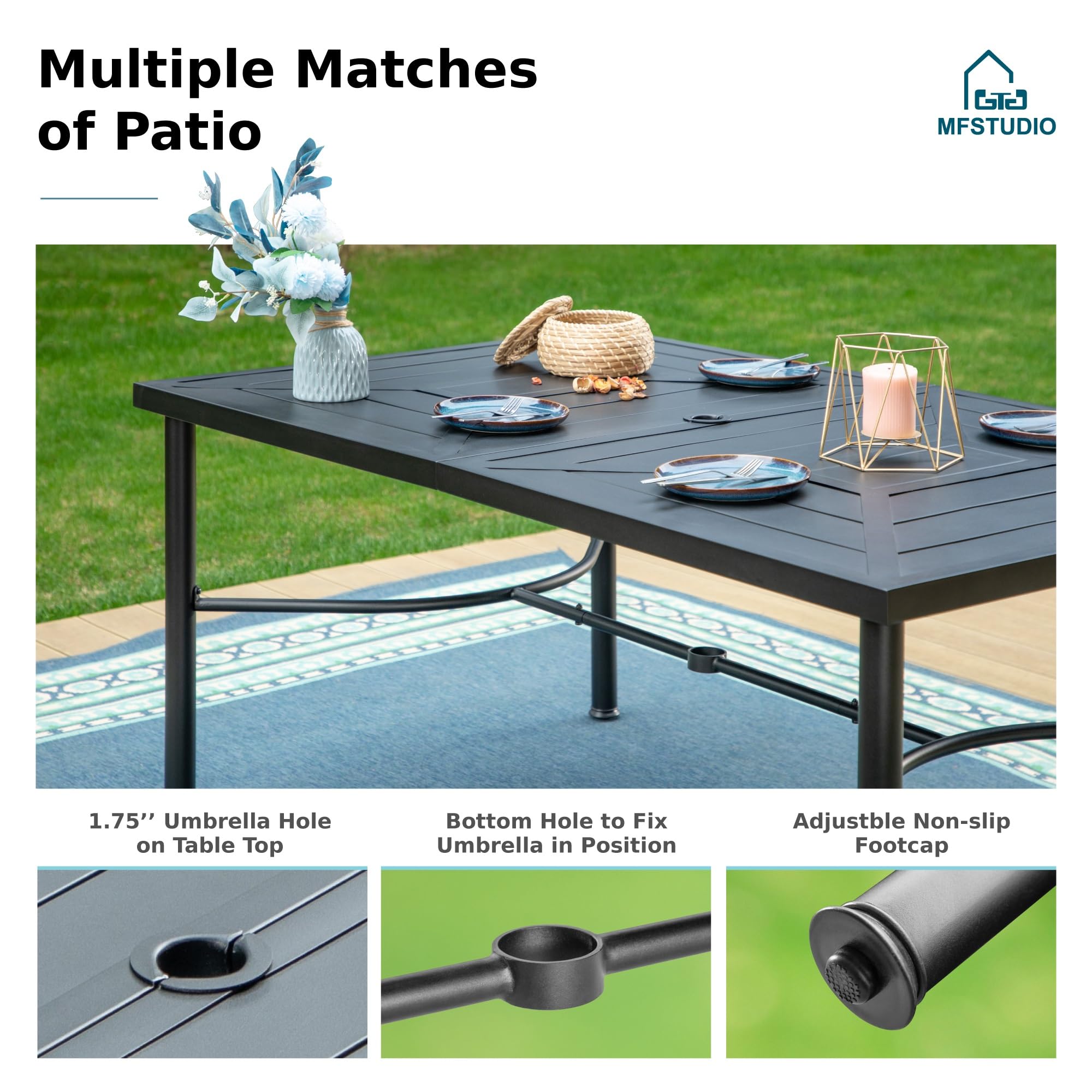 MFSTUDIO 7-Piece Black Metal Outdoor Patio Dining Set with 64