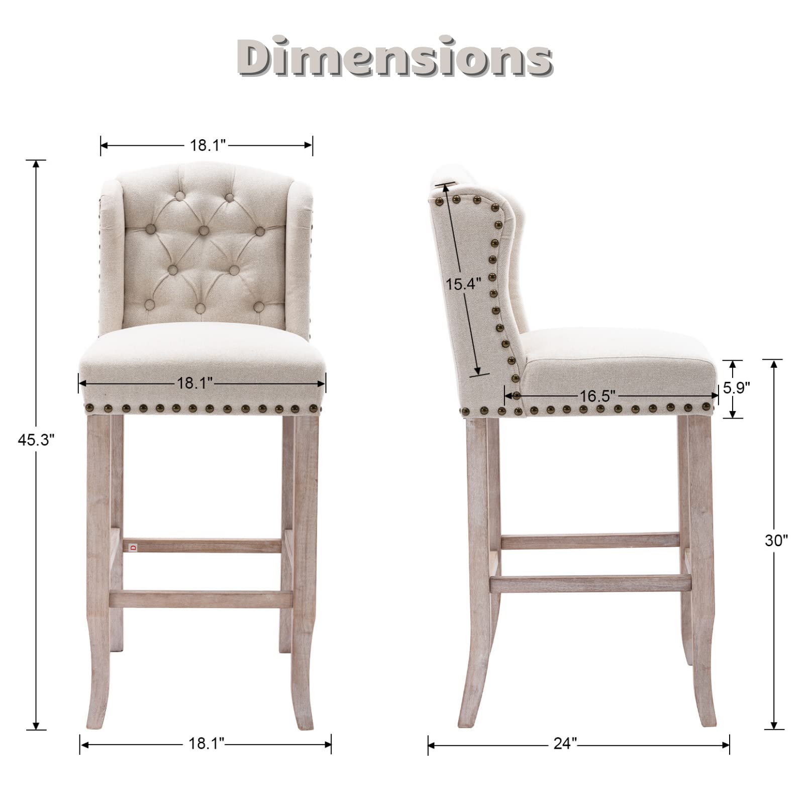 HEAH-YO Modern Bar Stools Set of 2 - 30 Inch Counter Height Barstools with Backrest & Wooden Legs, Upholstered Linen Fabric Kitchen Stools for Island, Breakfast Bar or Dining Room - Beige