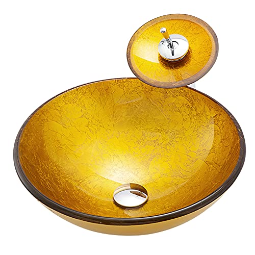LEFEDA Gold Tempered Glass Vessel Sink with Matching Faucet - Round Above Counter Bathroom Vanity Sink with Pop-Up Drain & Water Pipe - Perfect for Modern Luxury Bathrooms & Powder Rooms