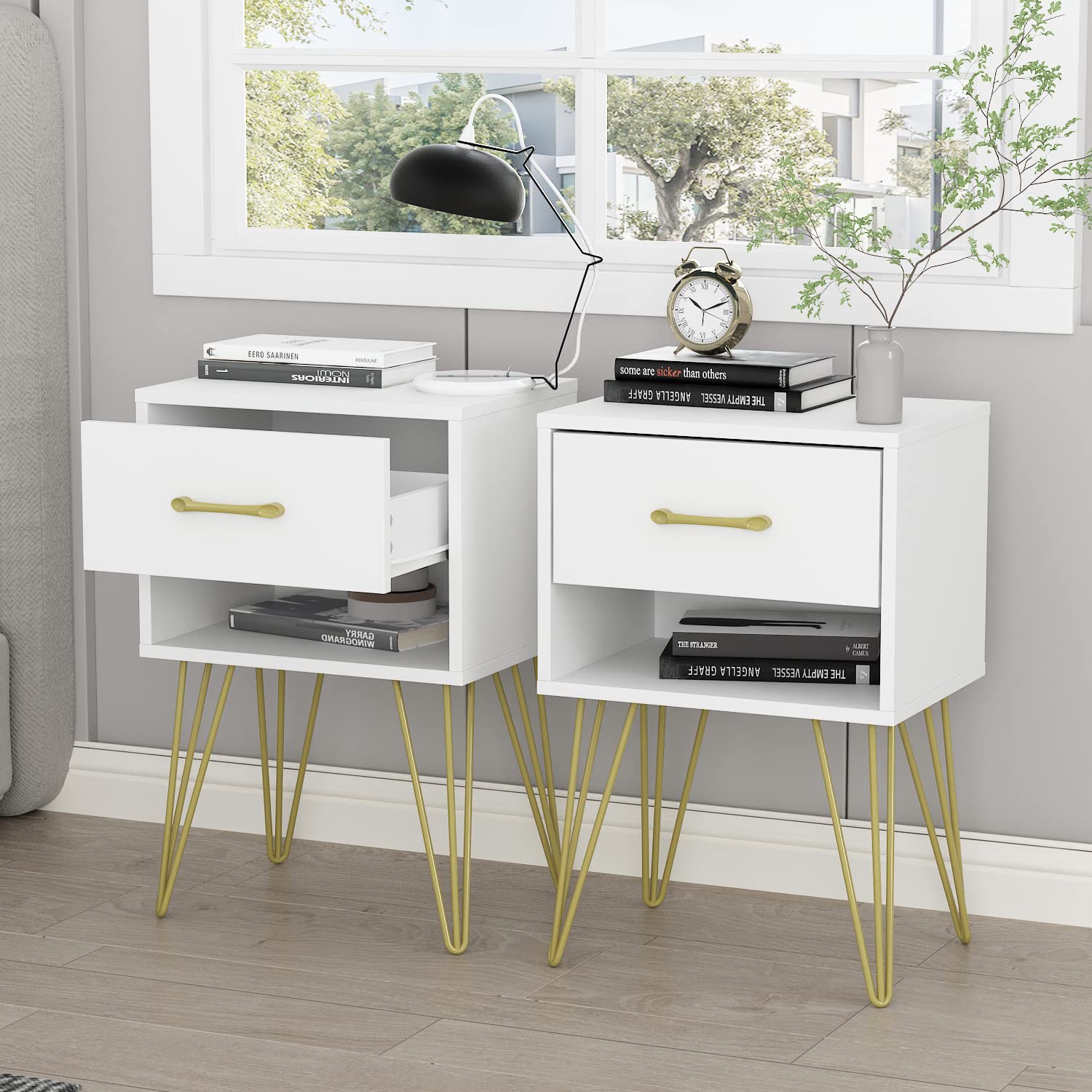 AIEGLE White Nightstand Set of 2 - Modern Wooden End Tables with Drawer & Shelf, Small Bedside Tables with Gold Metal Legs for Bedroom Storage (15.7