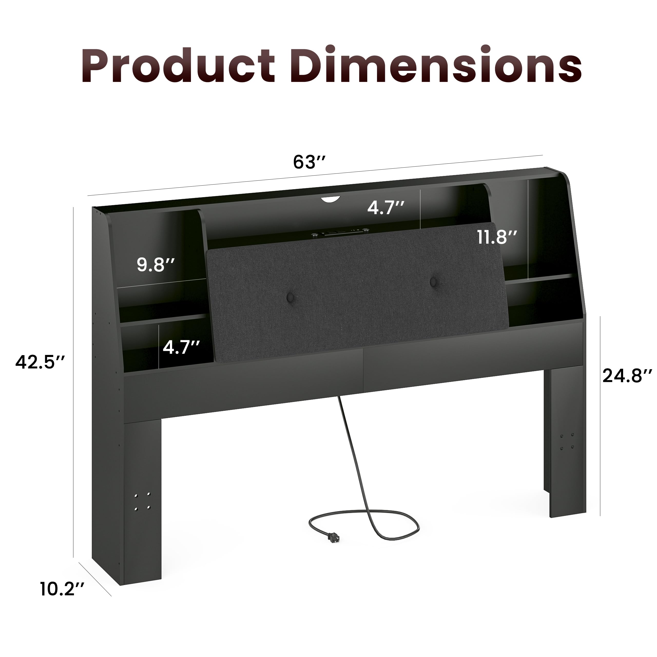 Queen Size Upholstered Headboard with Storage, USB Charging Station & 2 LED Lights - Wood Bookcase Design for Bedroom (Black, Soft Fabric) - Perfect for Master Bedrooms, Guest Rooms & Small Spaces with Limited Storage