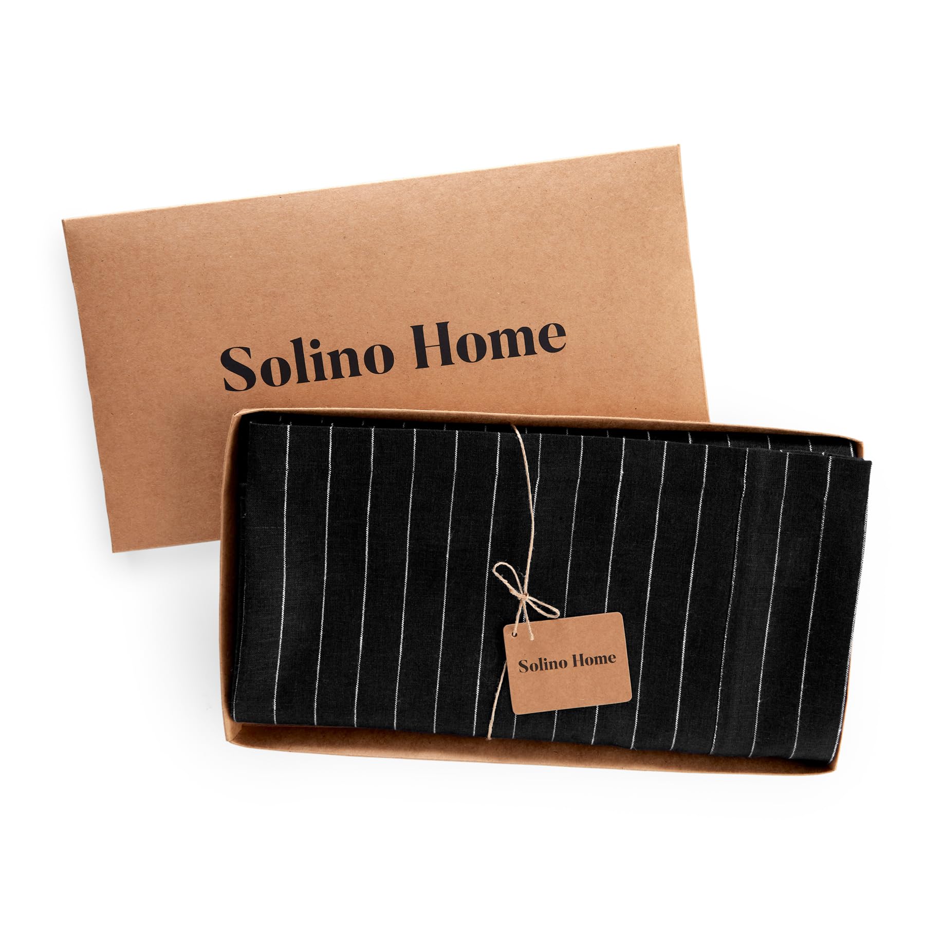 Solino Home 60x90 Inch Pinstripe Linen Tablecloth - 100% Pure Black & White Linen Fabric - Handcrafted, Machine Washable - Perfect for Spring, Easter, Weddings & Dinner Parties