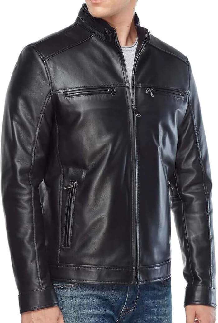 Men's Lambskin Leather Motorcycle Jacket - Genuine Black Biker Jacket for Men - Classic Slim Fit Leather Coat for Riding & Casual Wear
