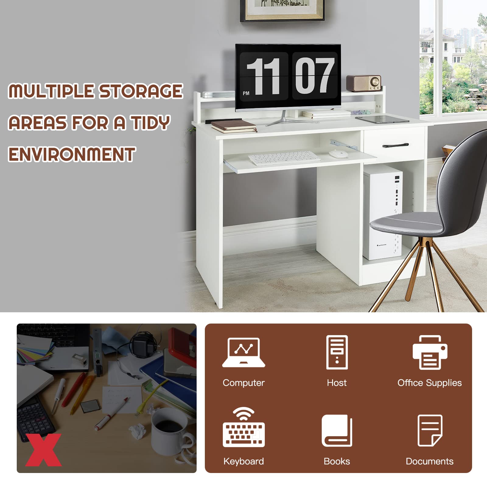 COSTWAY Computer Desk with Hutch - Home Office Desk with Drawer, Adjustable Shelf & Keyboard Tray | Study Writing Desk & Executive Workstation for Living Room, Bedroom & Office (White) | Perfect for Remote Work, Online Classes & Home Office Setup
