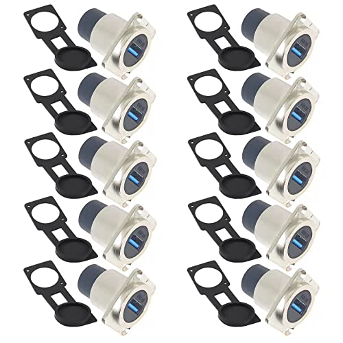 ANMBEST 10PCS USB 3.0 Panel Mount Connector - Zinc Alloy Female to Female USB Bulkhead Coupler Adapter with Weatherproof Dust Cap (10 Pack) - Ideal for Marine, RV, Industrial & Outdoor Electronics Installations