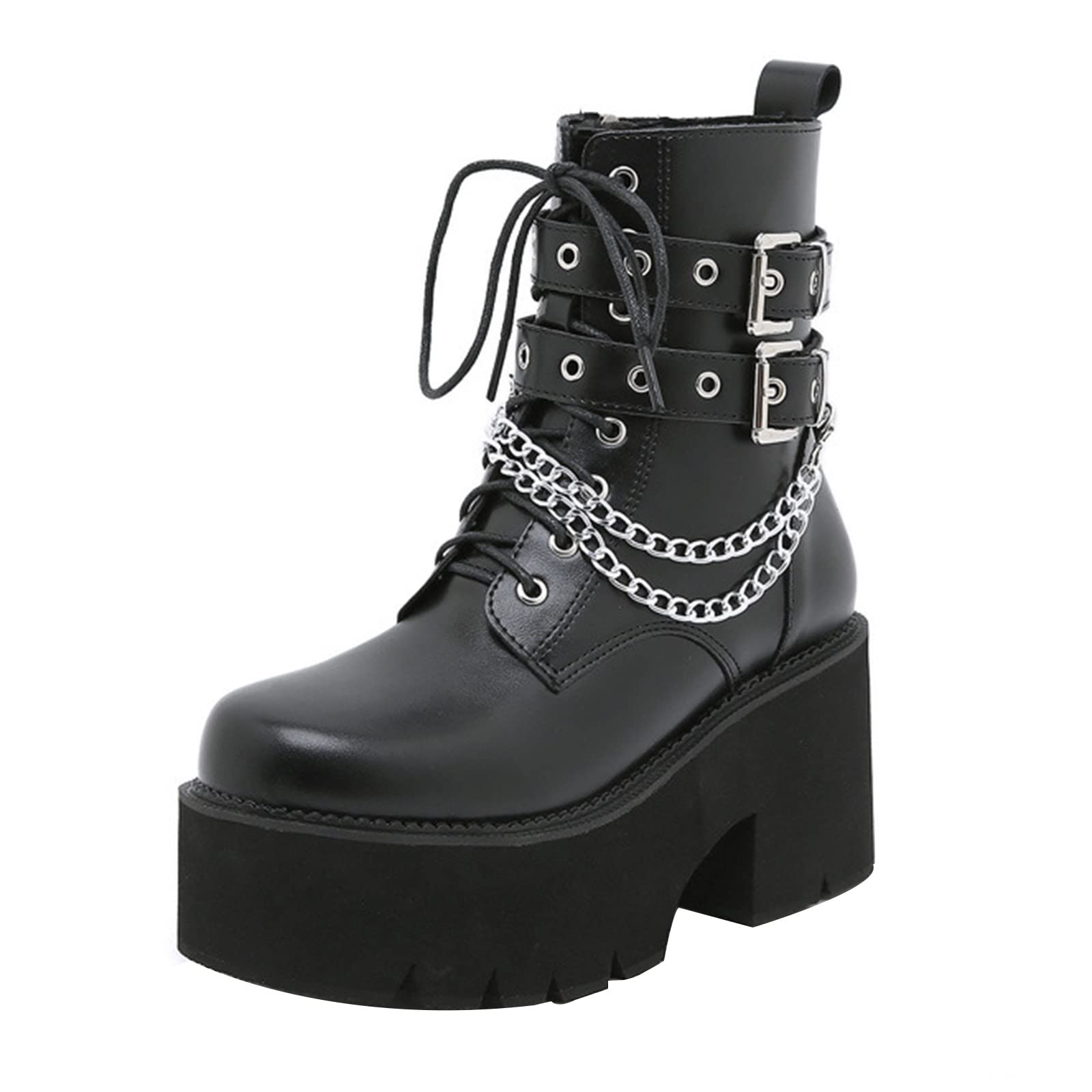 TNXZ Women's Faux Leather Combat Boots - Mid Heel Lace-Up Ankle Booties with Chain Detail & Platform Sole | Stylish Motorcycle Boots for Casual Outfits, Night Out & Fall Fashion