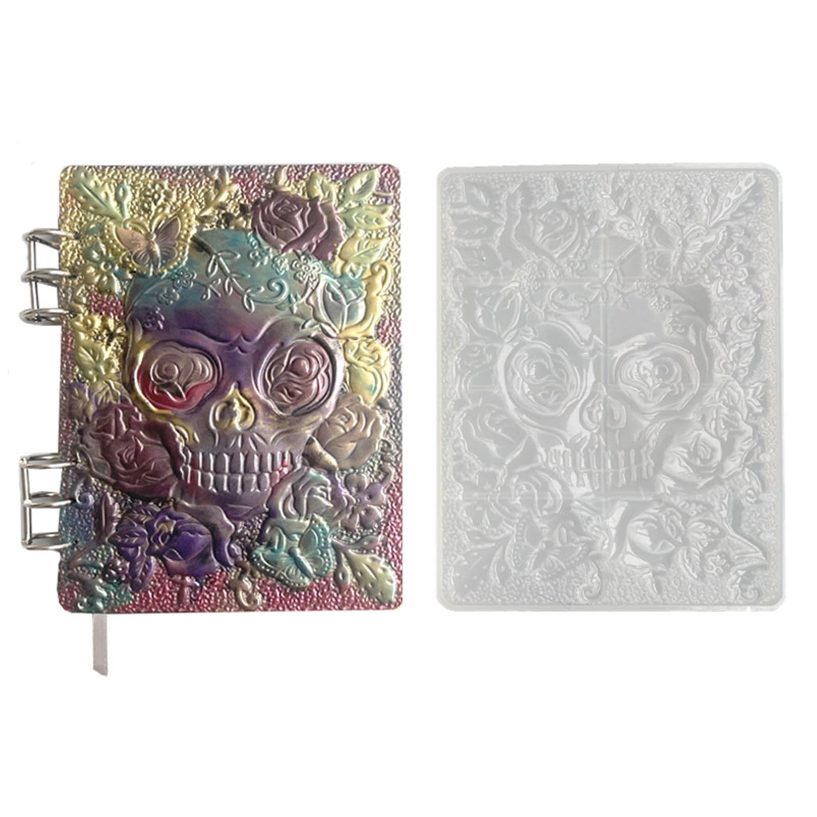 Halloween Skull Pattern Silicone Resin Molds for DIY A5 Notebook Cover - 2PCS Book Rings Included - Perfect for Epoxy Resin Crafts, Journal Making, and Unique Gift Creations