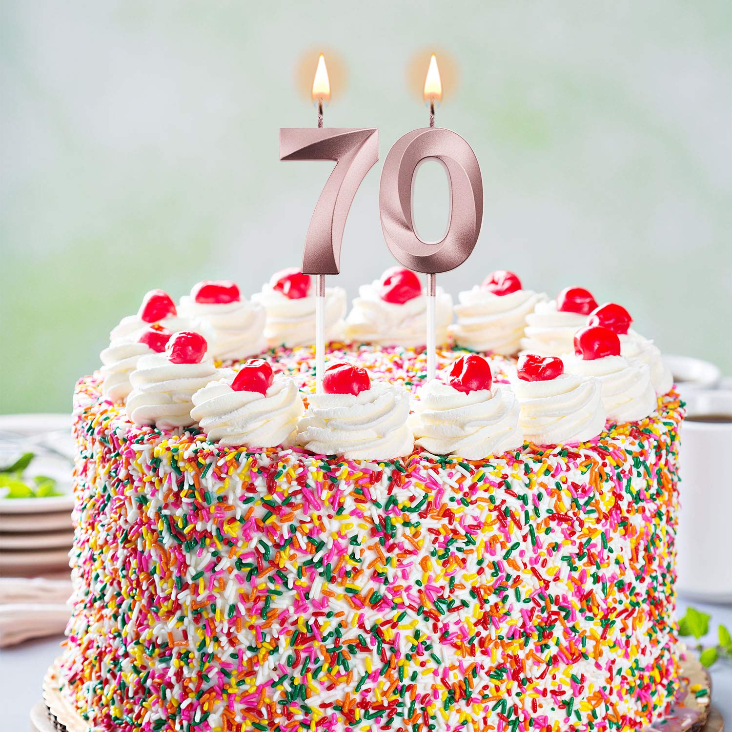 BBTO Rose Gold 70th Birthday Candles & Cake Topper for Parties