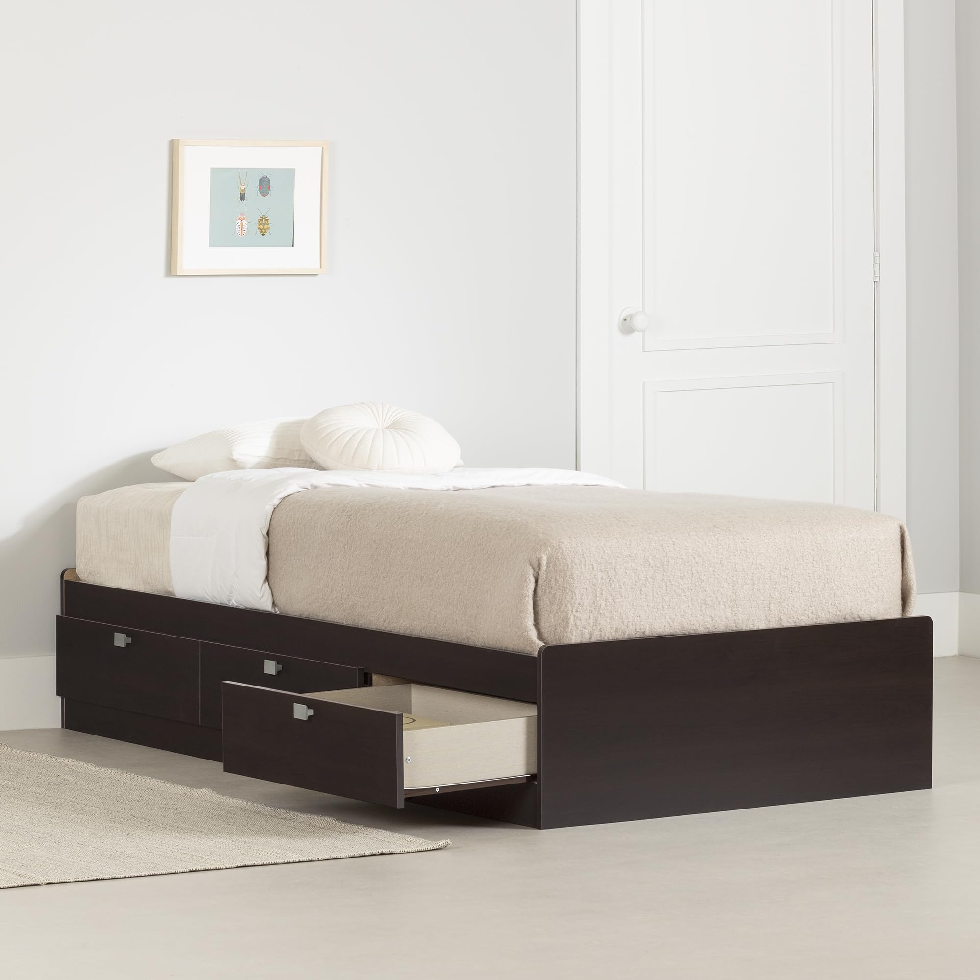 South Shore Spark Mates Twin Size Bed Frame with Storage Drawers in Chocolate Finish - Perfect for Kids' Bedroom, Guest Room or Small Space Organization