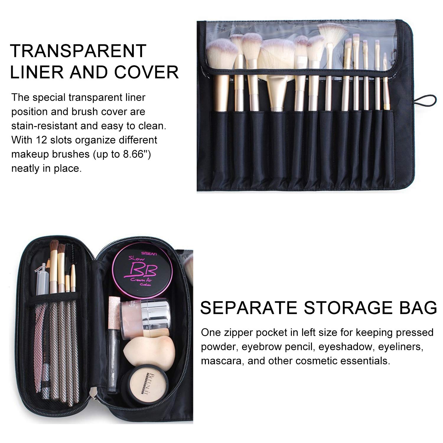 Travel Makeup Brush Case - Portable Roll Up Organizer for Brushes & Cosmetics (Black) - Perfect for Travel & Home Use
