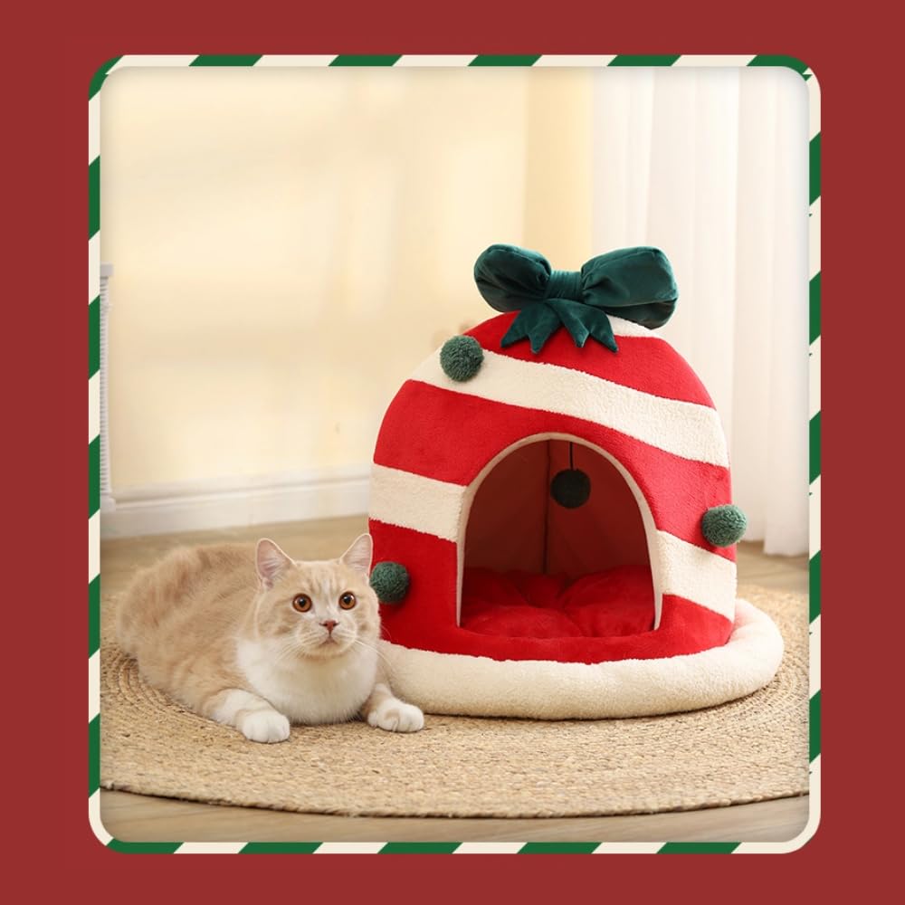 Cozy Christmas Cat Cave Bed - Warm Foldable Pet House with Washable Pillow for Indoor Cats & Small Dogs - Perfect for Holiday Comfort & Calming