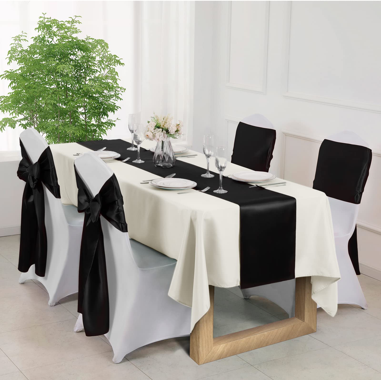4-Pack Satin Black Table Runners 12x108 Inch - Elegant Long Party Table Decor for Weddings, Banquets, Birthday Buffets & Graduation Dinners | Smooth & Shiny Fabric for Formal Dining Events & Holiday Celebrations