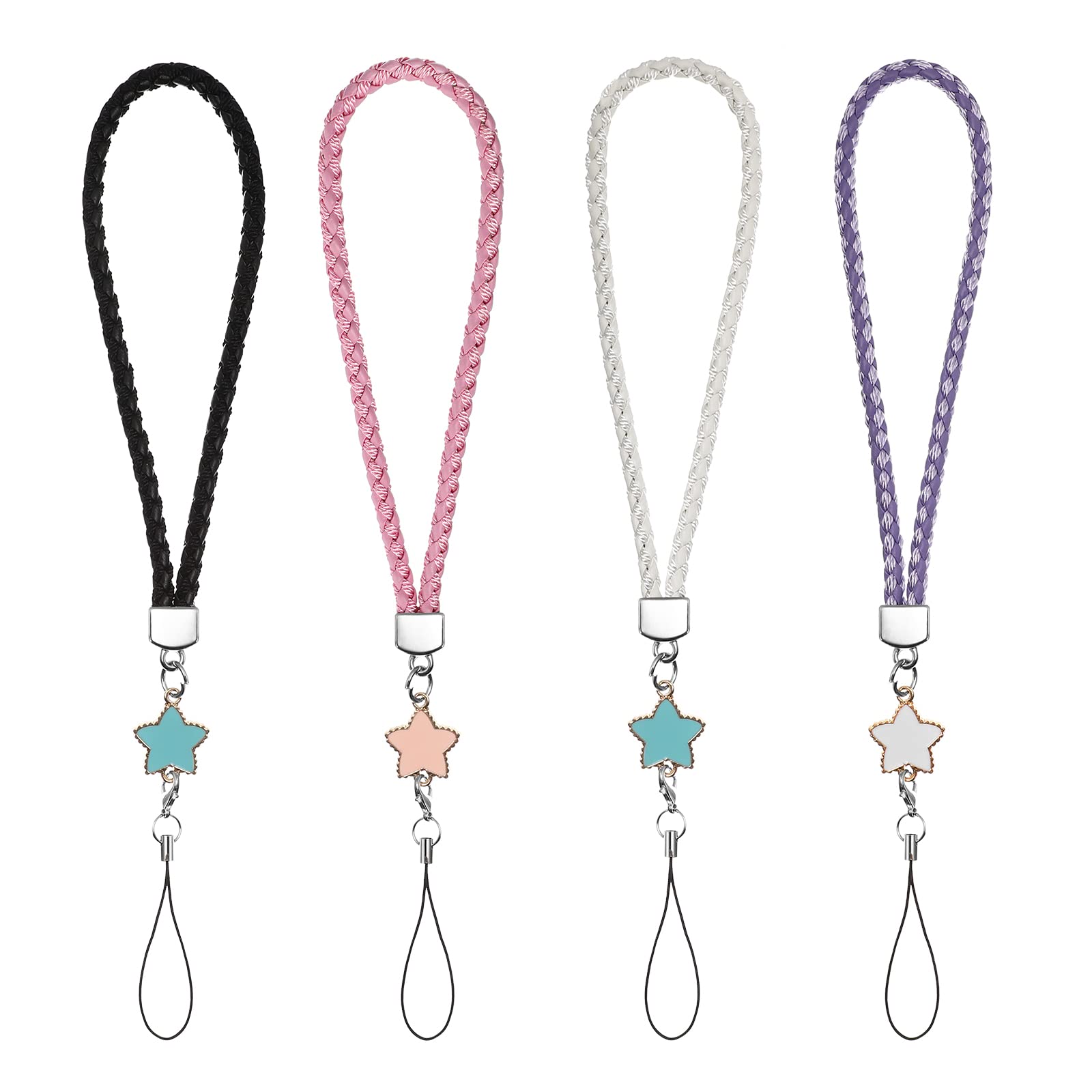 TENDYCOCO 4pcs Leather Handmade Phone Lanyard Wrist Strap - Cute Star Design Phone Charm for iPhone, Samsung, Camera, Purse & Keychain - Perfect for Travel, Shopping and Daily Use