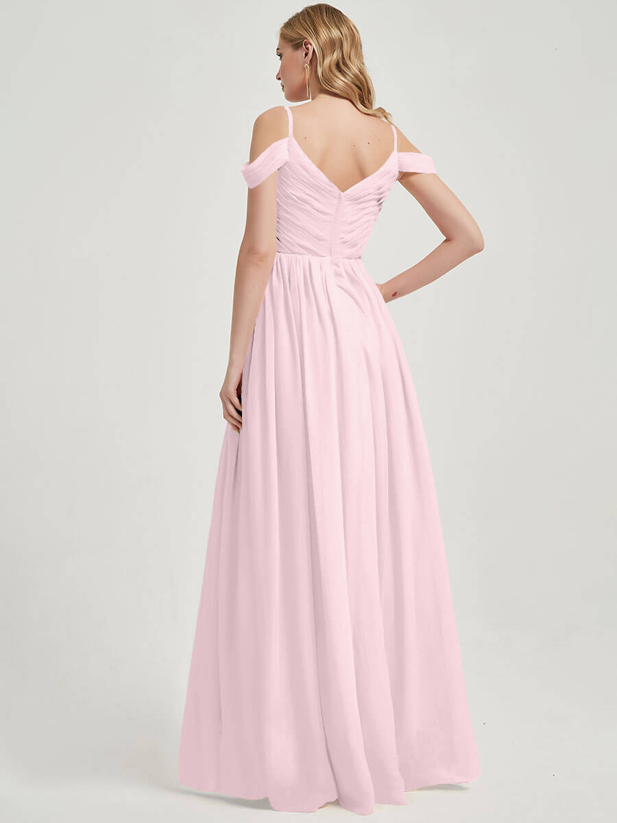 Elegant Blush Cold Shoulder Spaghetti Straps Pleated Chiffon Bridesmaid Dress - Perfect for Weddings, Prom, Formal Events & Special Occasions