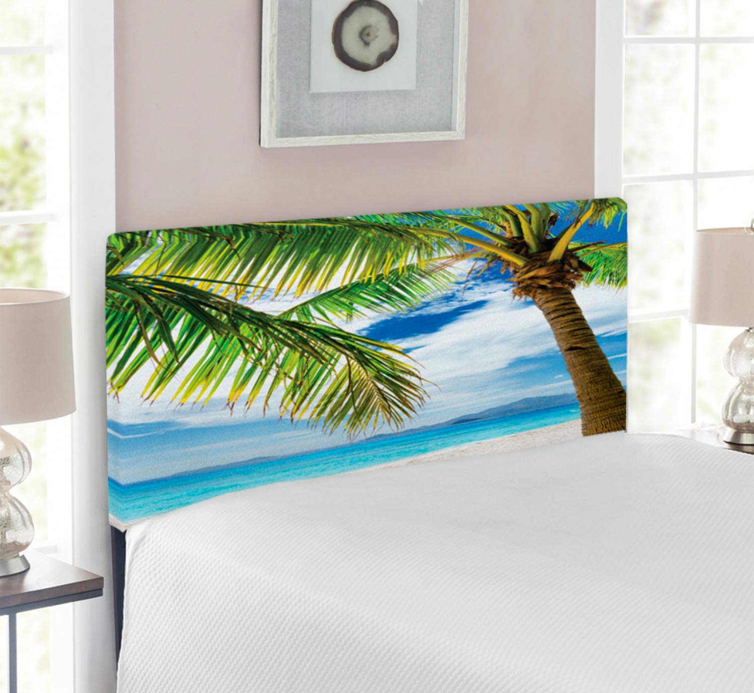 Ambesonne Upholstered Headboard with Memory Foam - Twin Size Lonely Palm Tree Design in Coconut Green Blue | Decorative Metal Bed Headboard Inspired by Philippine Beaches | Perfect for Coastal, Tropical & Beach-Themed Bedrooms