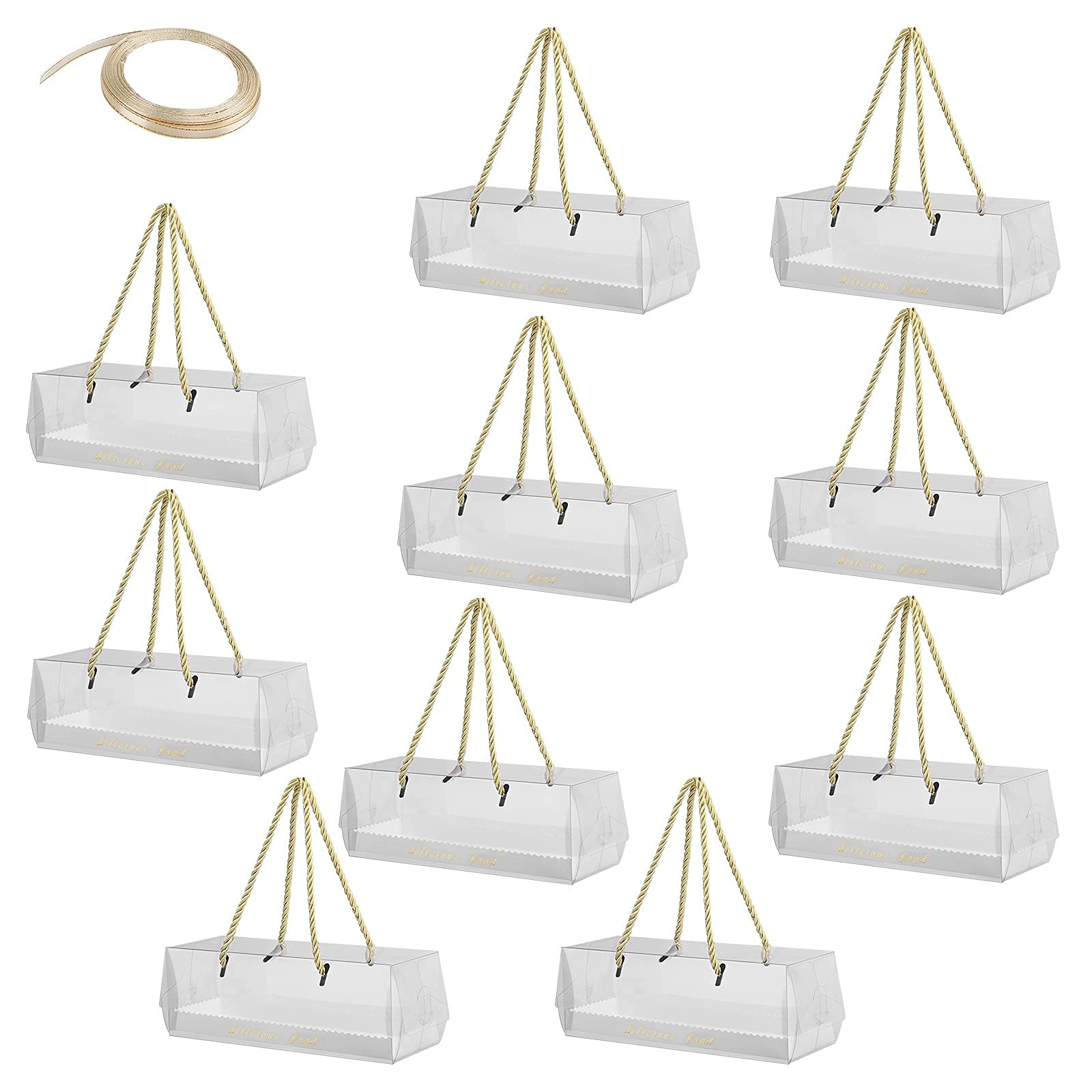 10 Pack Clear Pastry Boxes with Handle - 9x3x3 Inch Bakery Gift Boxes for Cupcakes, Cookies, Candy & Desserts - Gold Rim Ribbon Decoration - Perfect for Birthday Parties, Wedding Favors & Special Events