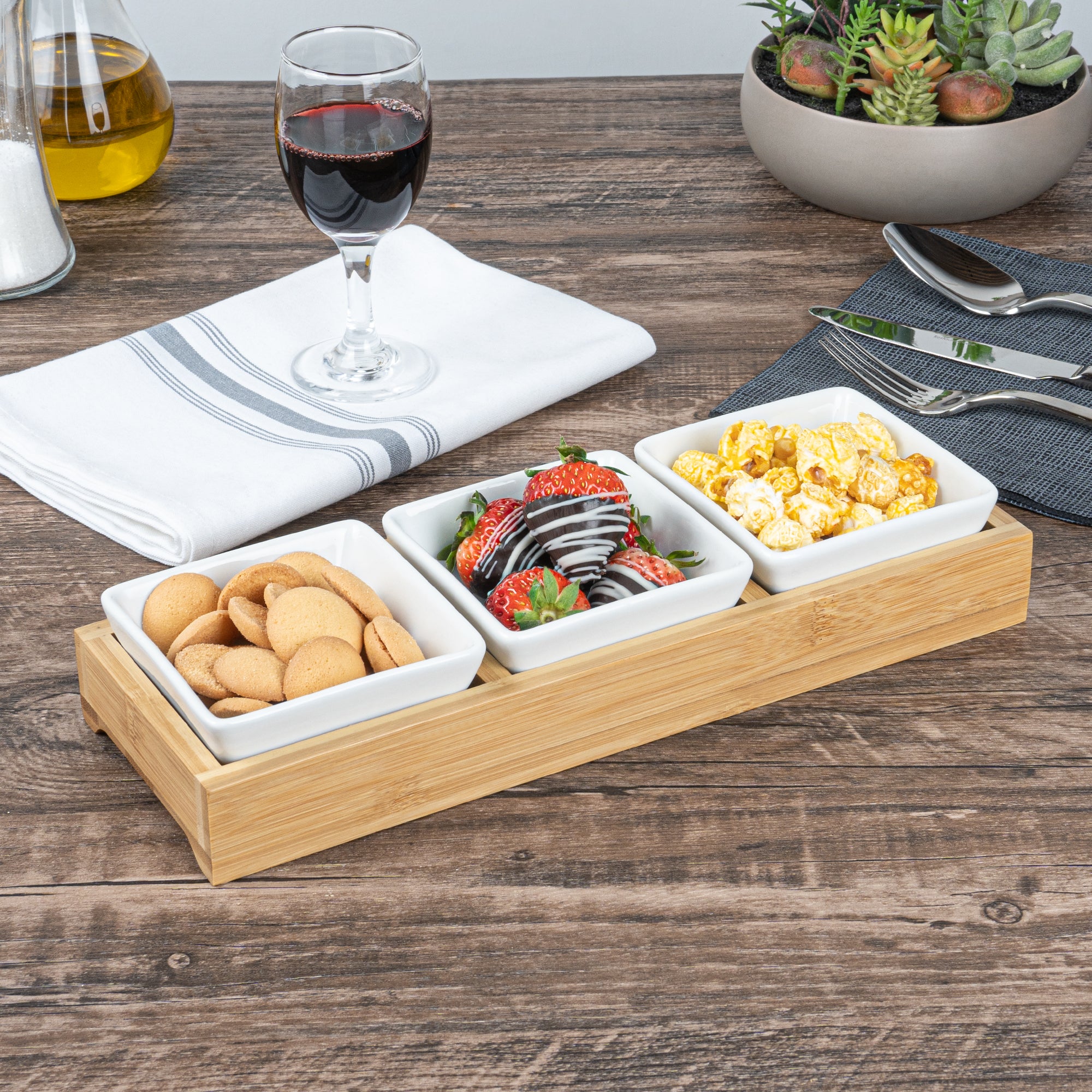 Premium 6 oz White Porcelain Modern Bowl Set with Bamboo Tray - 3 Rectangle Bowls (11.75