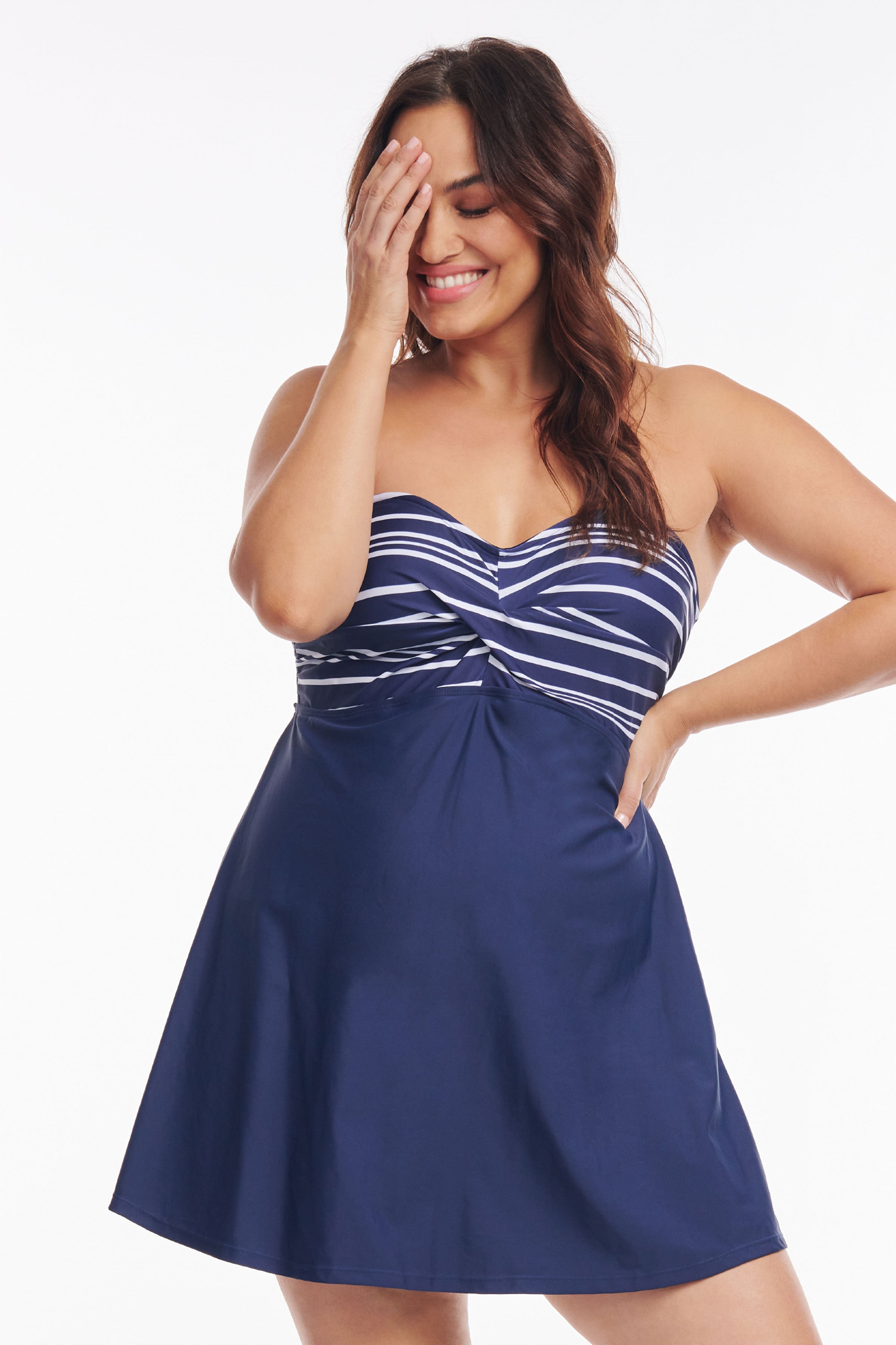 Plus Size One Piece Swimdress with Twist Front Design - A-Line Electric Stripe Swimsuit for Women, Perfect for Beach Vacation & Pool Party