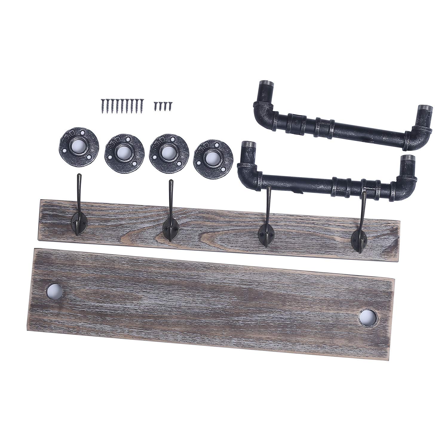 MBQQ Industrial Pipe Wall Coat Rack - 24 Inch Real Wood Shelf with 4 Metal Hooks - Rustic Entryway Organizer for Hallway, Bathroom, Living Room & Bedroom - Perfect for Hanging Coats, Hats, Towels & Decor
