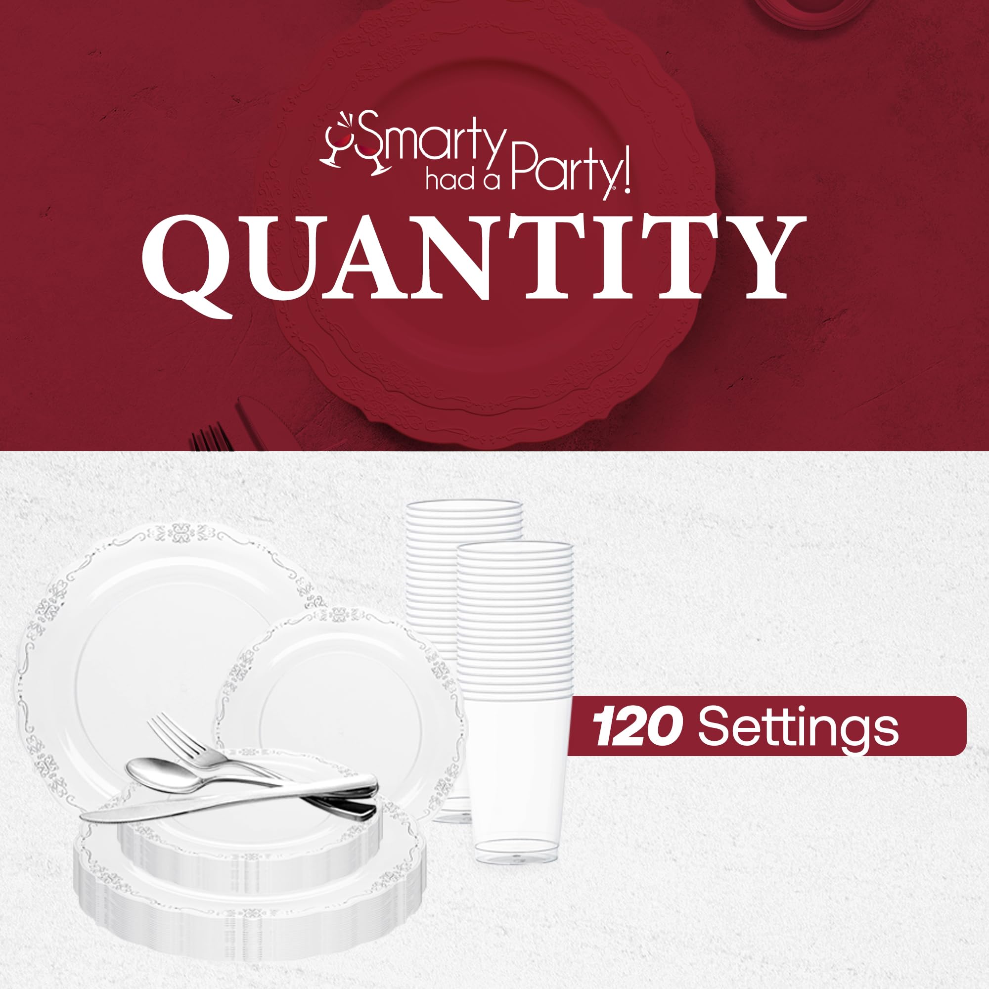 Smarty Had A Party Elegant Plastic Plates Wedding Value Set for 120 Guests - Clear with Silver Plates, Silverware & Clear Plastic Cups | Perfect for Weddings, Bridal Showers & Formal Events