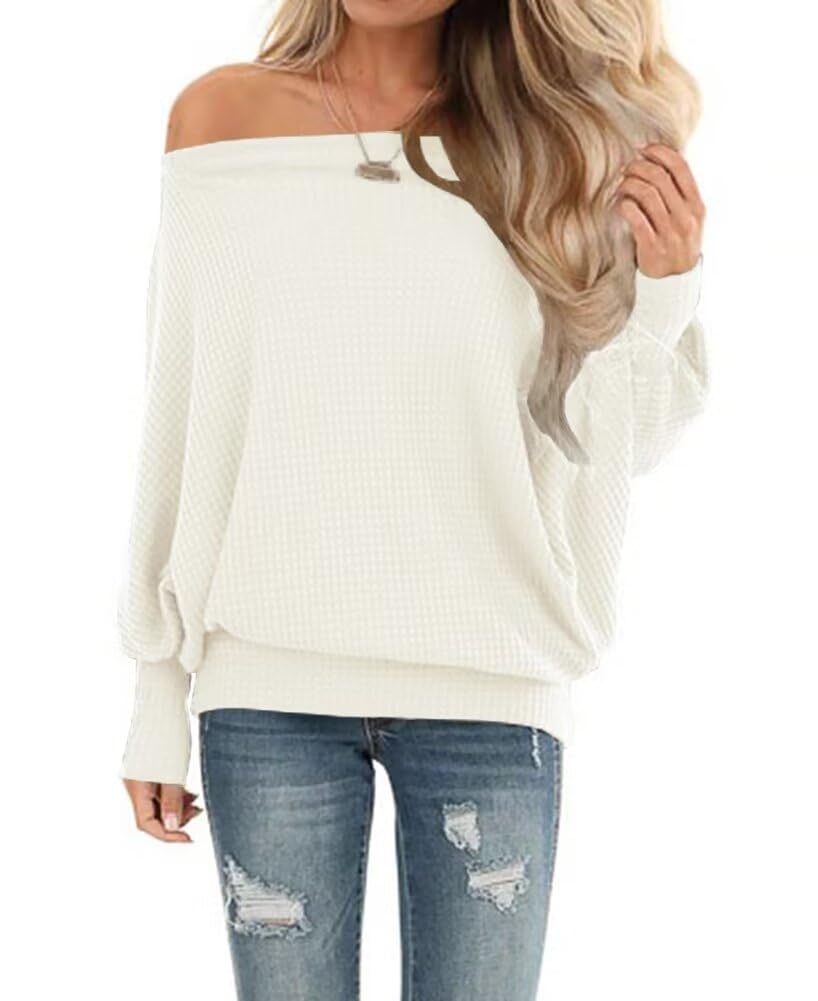 Dressmine Women's Off Shoulder Batwing Long Sleeve Waffle Knit Tunic Sweater - Oversized Casual Top for Fall & Winter, Perfect for Date Night, Office Wear and Layering Outfits