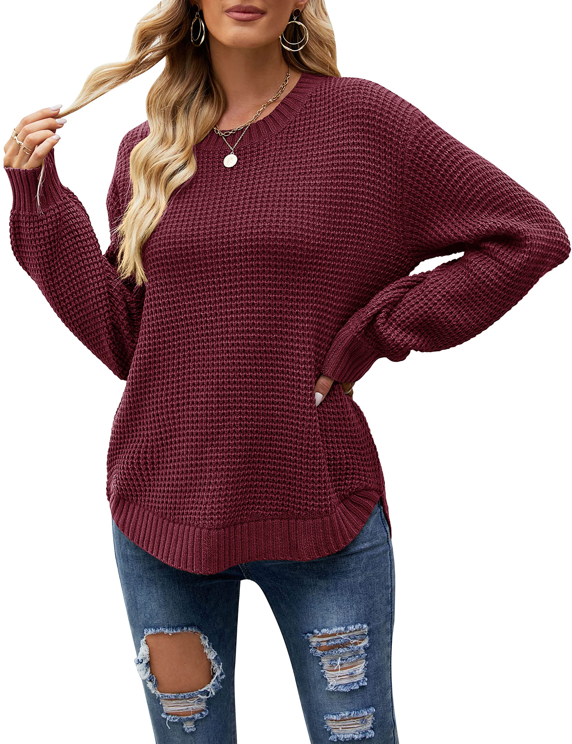 MEROKEETY Women's 2024 Fall Waffle Knit Sweater - Long Balloon Sleeve Loose Pullover Jumper - Cozy Casual Knitwear for Autumn Outfits & Layering
