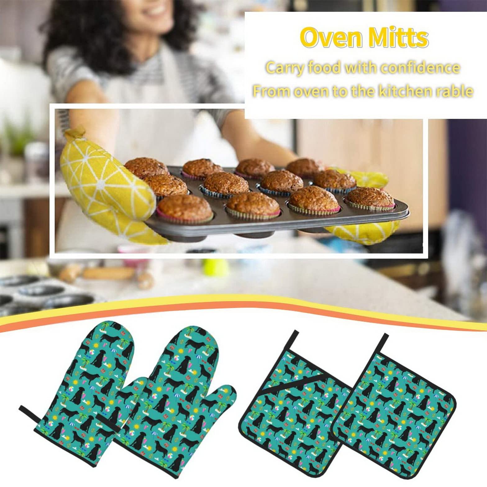 Black Labrador Retriever Themed Heat Resistant Oven Mitts & Pot Holders Set of 4 - Summer Beach Dog Breed Kitchen Accessories for Baking, Cooking & Grilling - Perfect for Dog Lovers & Beach-Themed Kitchens