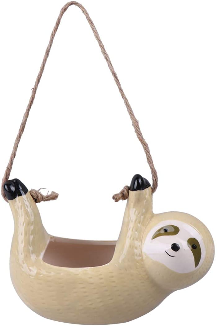 Ceramic Sloth Hanging Planter - Gray Succulent Flower Pot for Indoor Plants, Home & Office Decor - Perfect for Living Room, Bedroom, Balcony, and Gift Ideas