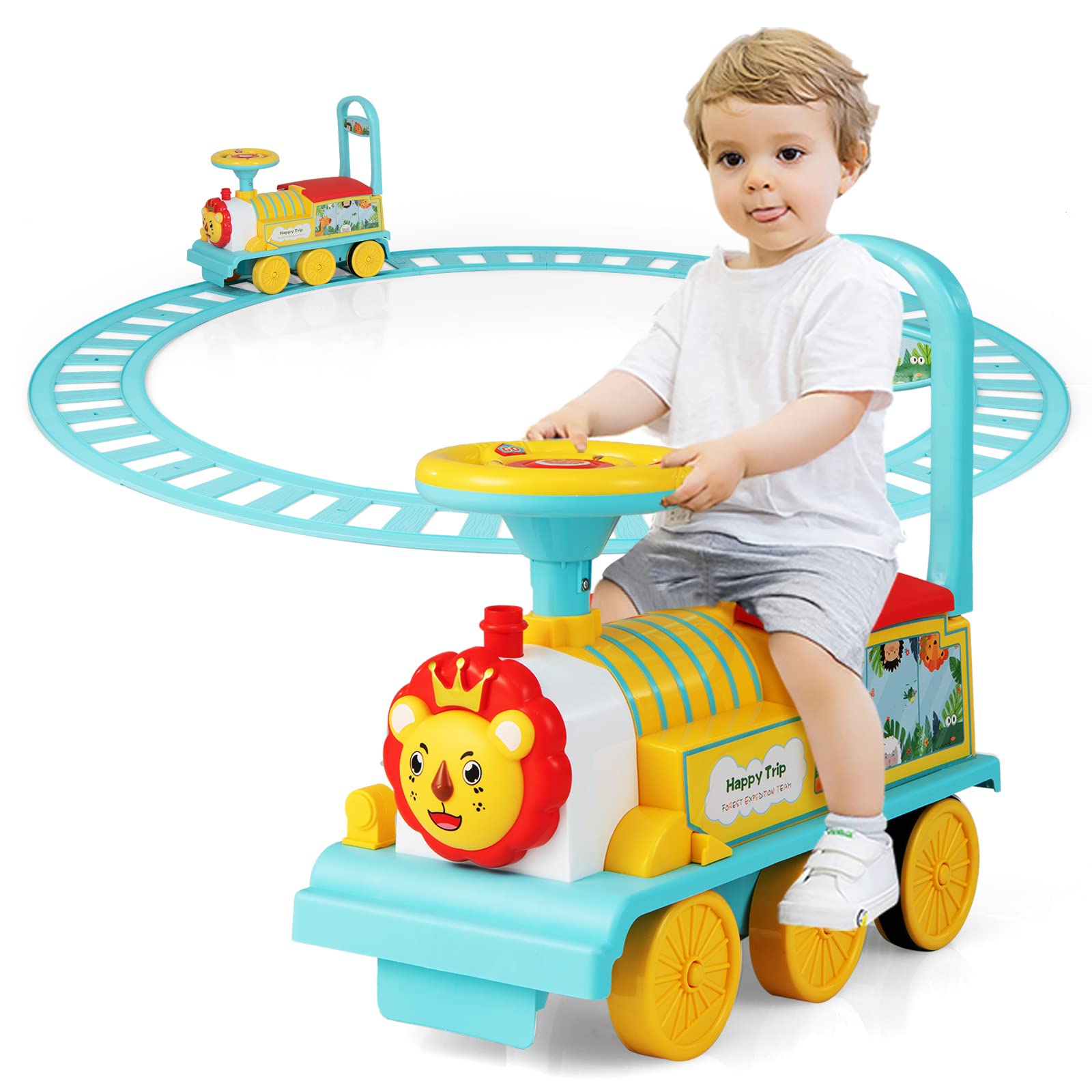 OLAKIDS 6V Electric Ride On Train Toy for Kids with Track, Lights & Sounds - Retractable Footrest & Under Seat Storage - Christmas Themed Battery Powered Gift for Toddlers, Boys & Girls (Lion) - Perfect for Indoor Play, Birthday & Holiday Gifts