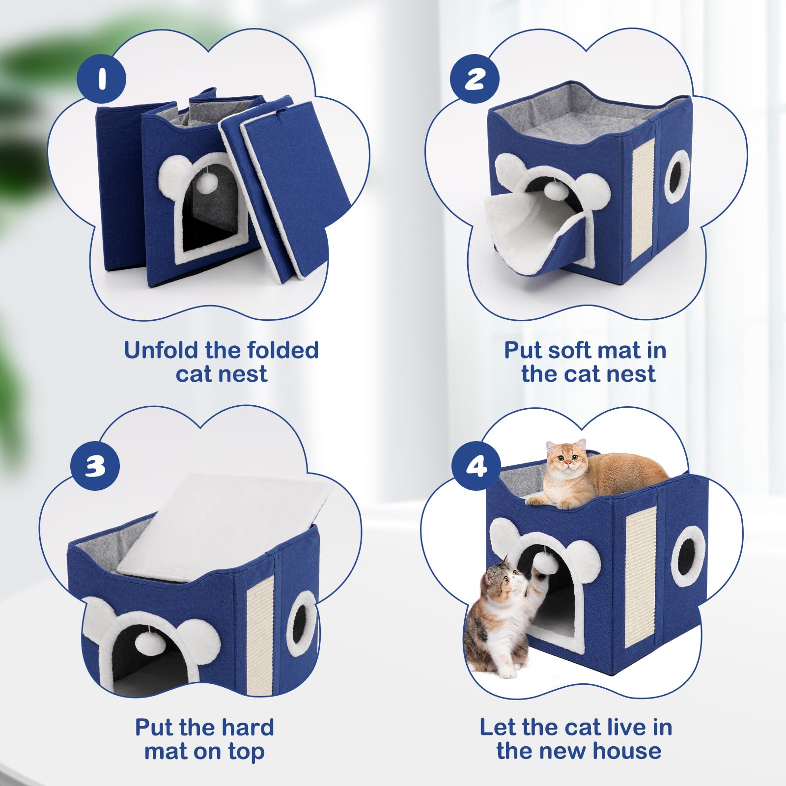 Premium Large Foldable Cat Bed for Indoor Cats - Soft & Cozy with Scratch Pad, Hanging Fluffy Ball & Mini Hole Cat Condo (Blue) - Perfect for Napping, Playtime & Relaxation in Living Rooms & Bedrooms