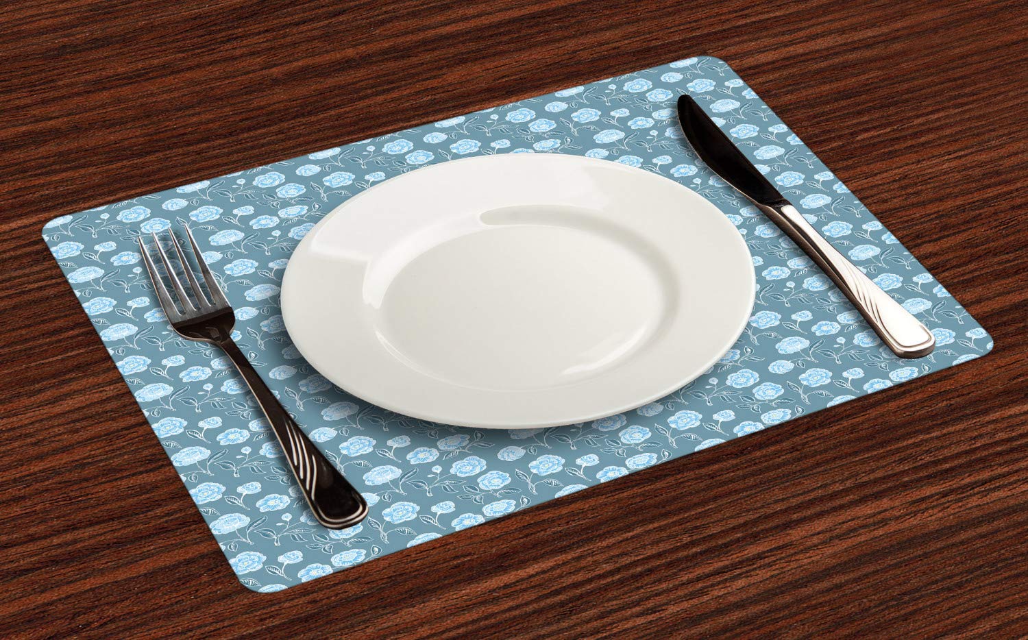 Ambesonne Floral Place Mats Set of 4 - Monochrome Rose Blossom Design, Washable Fabric Dining Table Mats, Standard Size in Blue Grey & Slate Blue | Perfect for Home Decor, Dinner Parties & Everyday Use