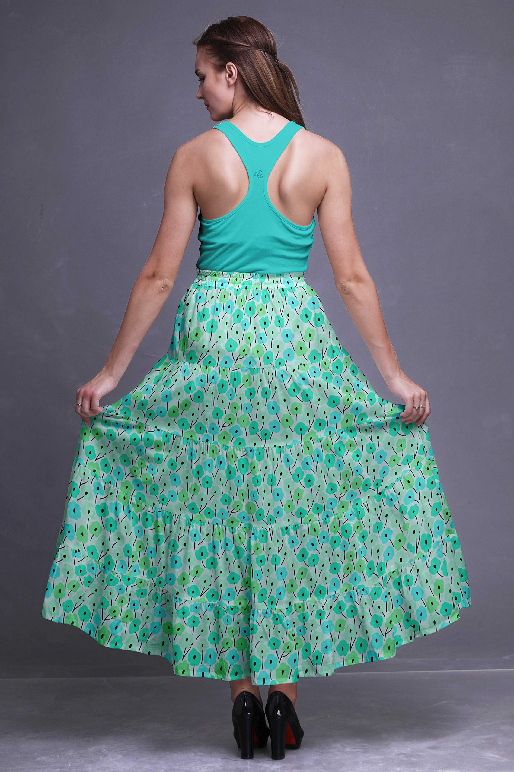 Bimba Printed Long 5-Tier Cotton Skirt for Women - Boho Maxi Skirt with Floral Design, Comfortable & Stylish Summer Skirt for Beach, Vacation, and Casual Outings