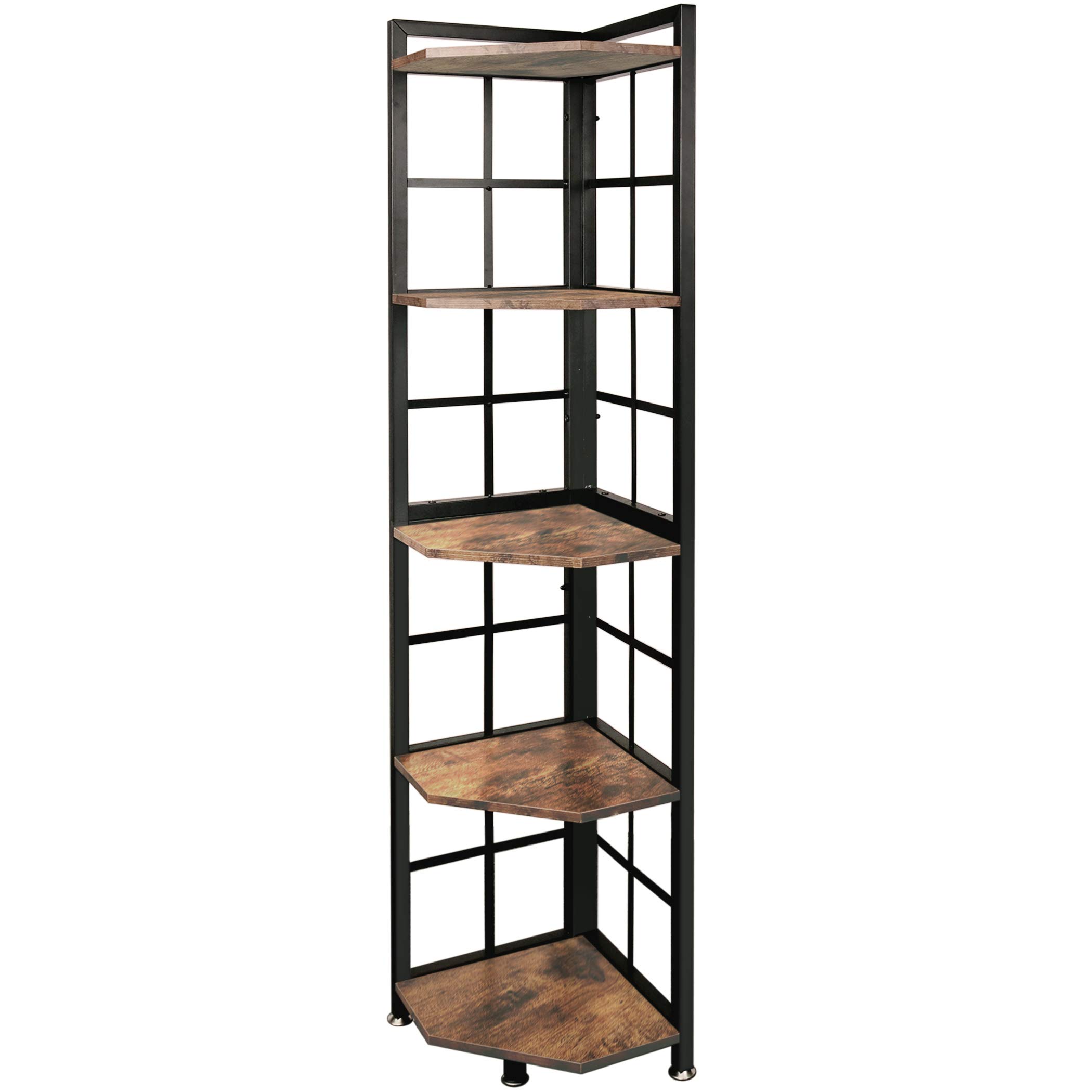 Becko 5-Tier Industrial Corner Bookshelf - Rustic Brown Wooden Storage Shelf for Home & Office, Perfect for Books, Plants & Decor | Space-Saving Corner Bookcase & Display Rack for Living Room, Bedroom or Study