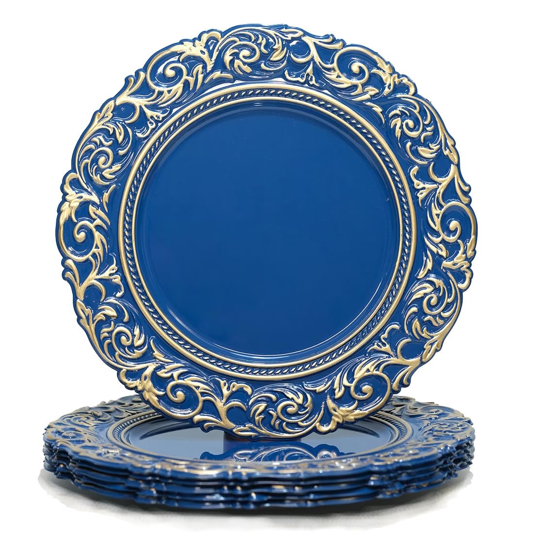 Antique Gold Rim Charger Plates - Set of 6 Royal Blue 13 Inch Round Plastic Embossed Dinner Chargers for Wedding, Party & Elegant Table Decor | Perfect for Formal Dining, Holiday Entertaining & Special Occasions