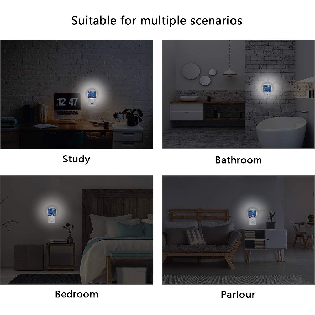 Vikko 2-Pack LED Night Light Plug in with Dusk to Dawn Sensor - White Flowers Moon Blue Sky Painting Design for Kids & Adults - Perfect for Bedroom, Living Room, Hallway & Home Decor - Creates Soothing Ambiance for Nighttime Relaxation